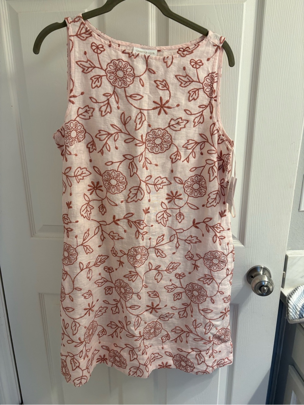 Charter Club Pink Linen Dress with Rust Floral Embroidery